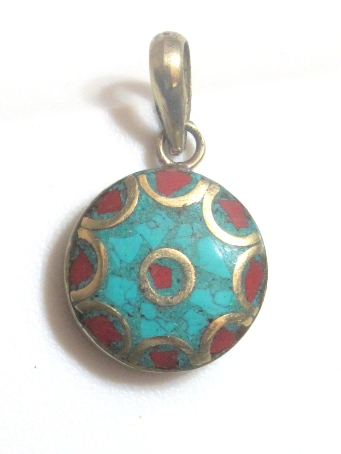 Small size Tibetan round shape brass pendant with turquoise coral inlay - PM176