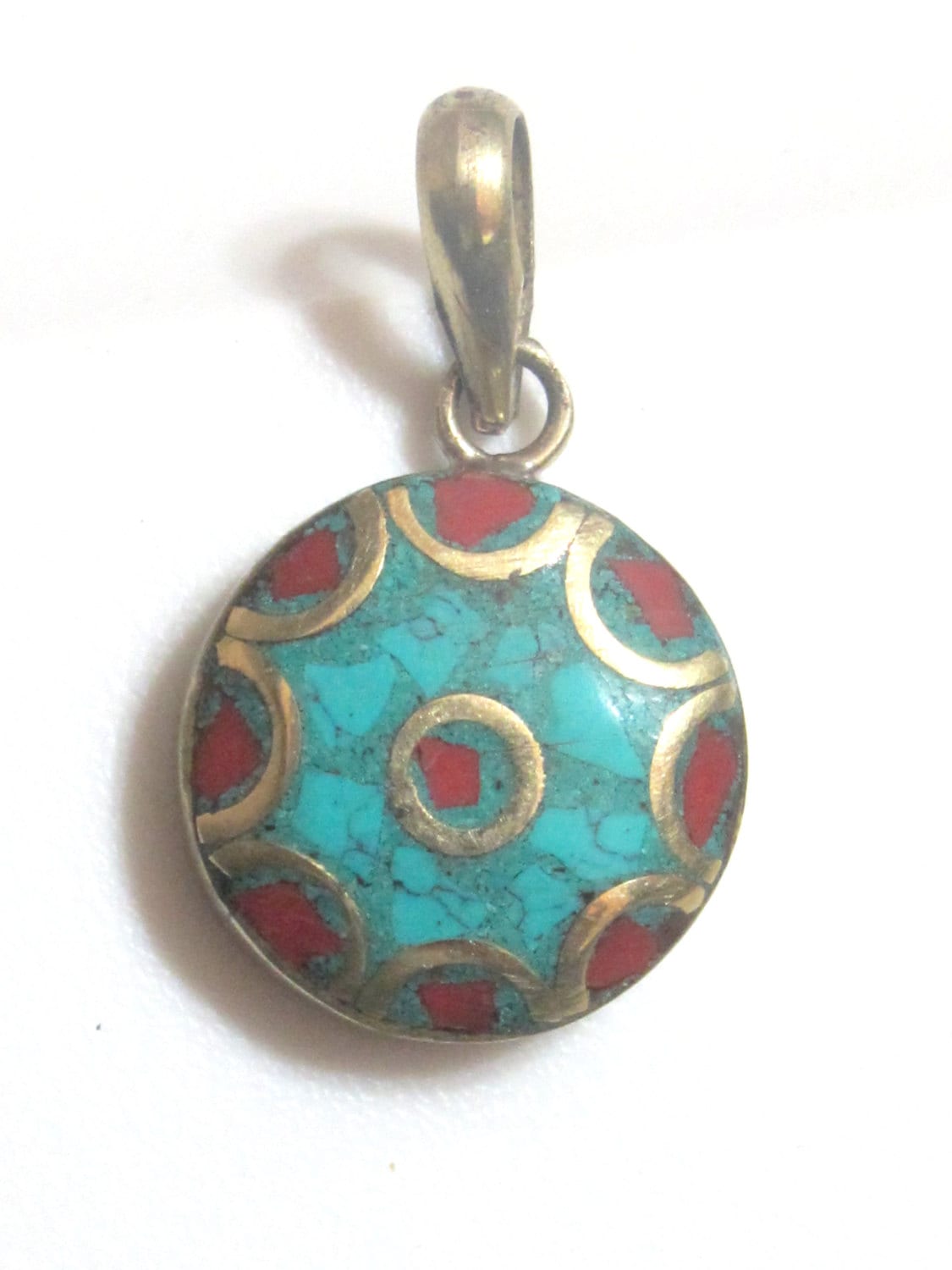 Small size Tibetan round shape brass pendant with turquoise coral inlay - PM176