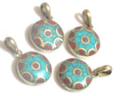 Small size Tibetan round shape brass pendant with turquoise coral inlay - PM176
