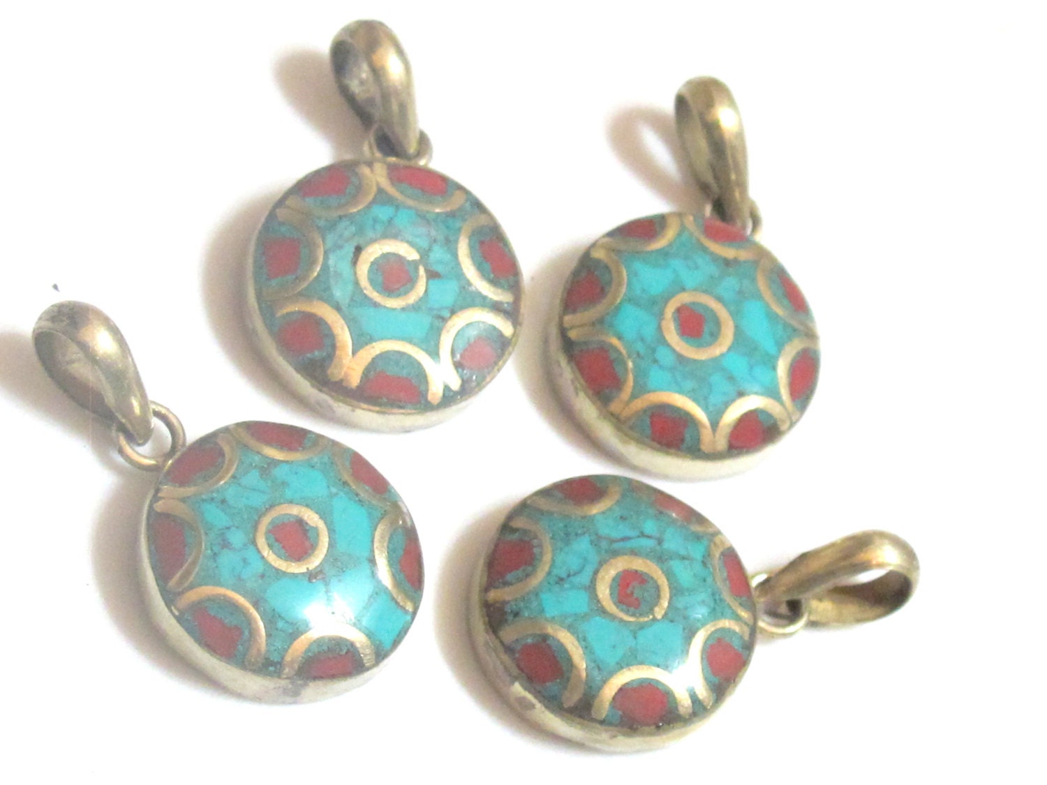 Small size Tibetan round shape brass pendant with turquoise coral inlay - PM176