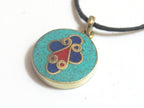 Tibetan round shape cross design brass pendant with lapis , turquoise and inlay - PM177