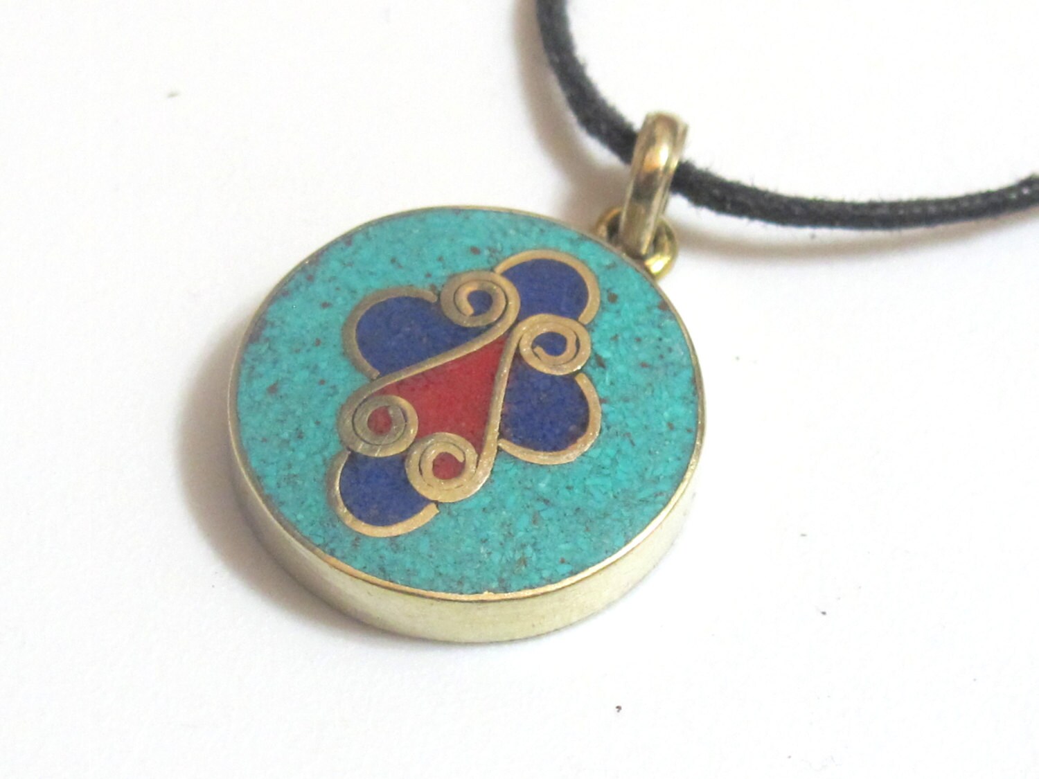 Tibetan round shape cross design brass pendant with lapis , turquoise and inlay - PM177