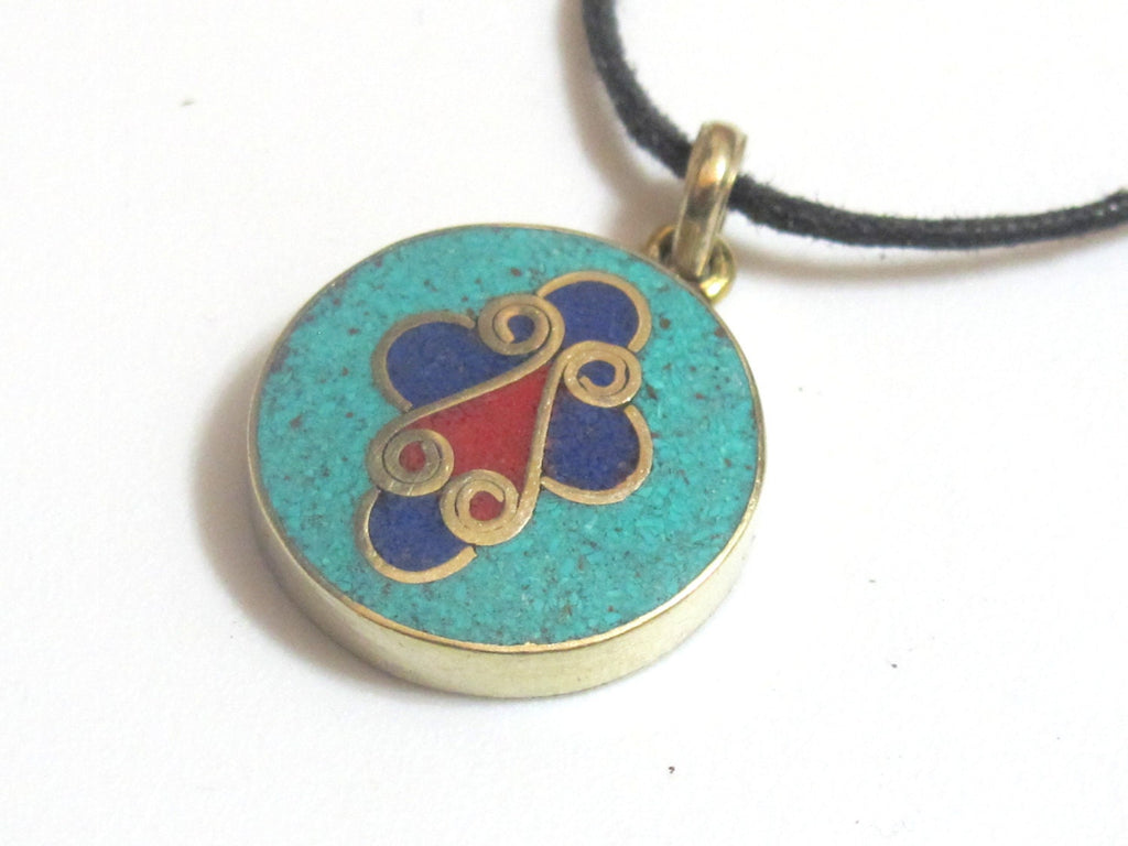 Tibetan round shape cross design brass pendant with lapis , turquoise and inlay - PM177