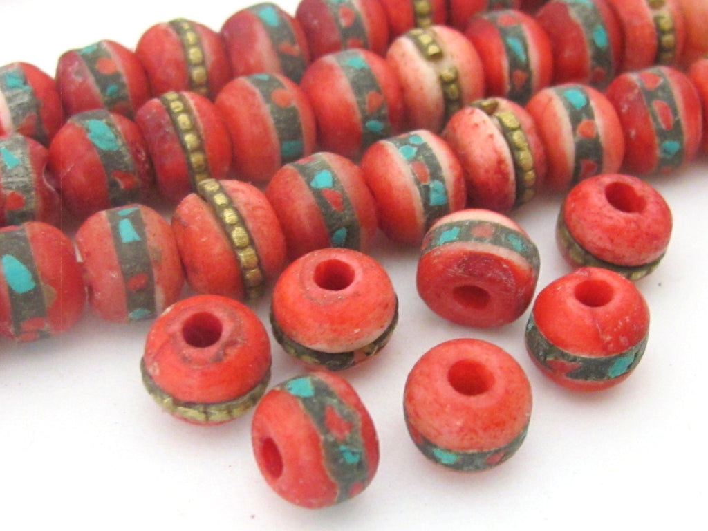 10 Beads-Rondelle shape ethnic Tibetan dyed red bone beads with turquoise coral inlay 8 mm - NB109