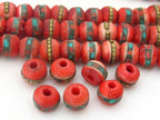 10 Beads-Rondelle shape ethnic Tibetan dyed red bone beads with turquoise coral inlay 8 mm - NB109