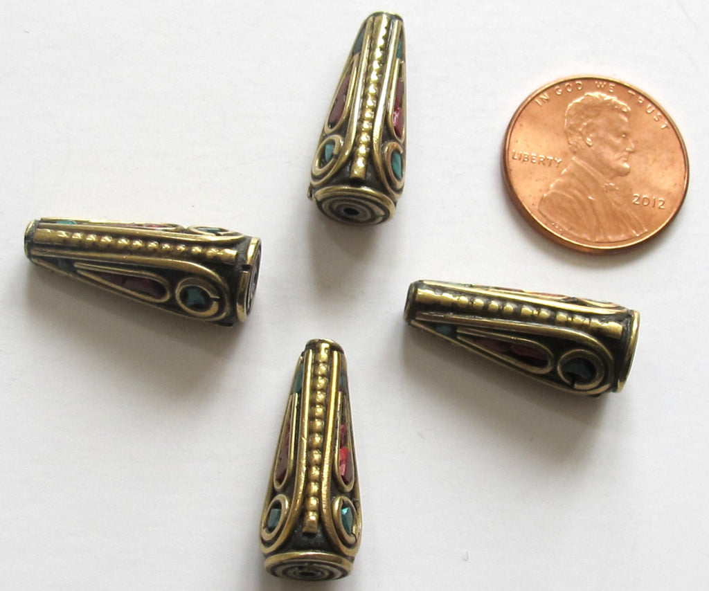 Beautiful Tibetan conical shape brass beads with turquoise inlay - 4 beads - BD481