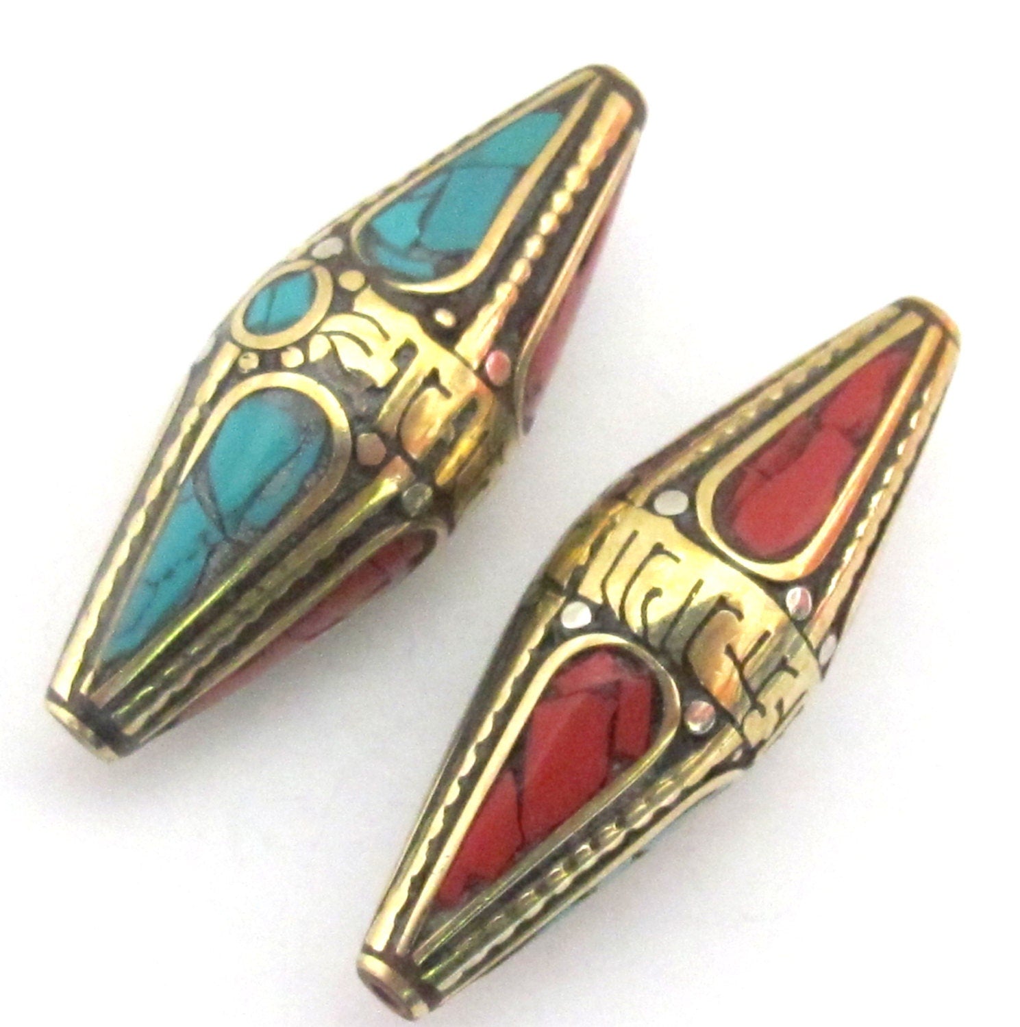 Large bicone shape Tibetan Om mantra brass bead with turquoise inlay - 1 bead - BD482