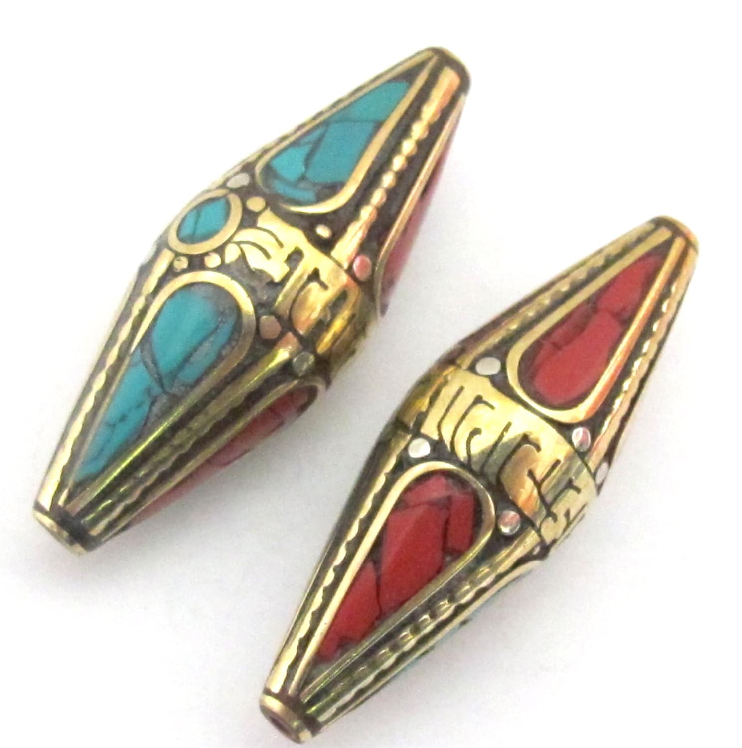 Large bicone shape Tibetan Om mantra brass bead with turquoise inlay - 1 bead - BD482