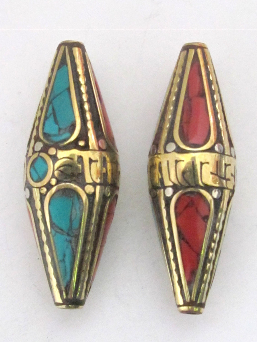 Large bicone shape Tibetan Om mantra brass bead with turquoise inlay - 1 bead - BD482