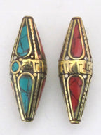 Large bicone shape Tibetan Om mantra brass bead with turquoise inlay - 1 bead - BD482