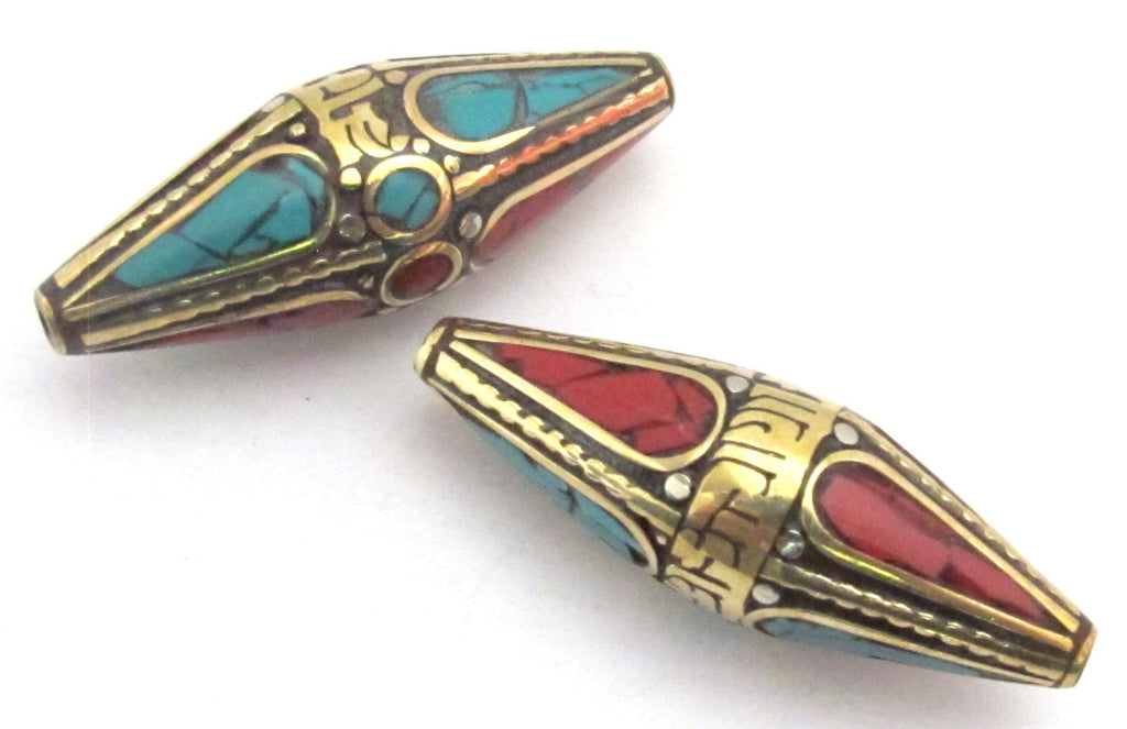Large bicone shape Tibetan Om mantra brass bead with turquoise inlay - 1 bead - BD482
