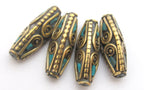2 beads - Bicone shape Tibetan brass Beads with turquoise inlay - BD483