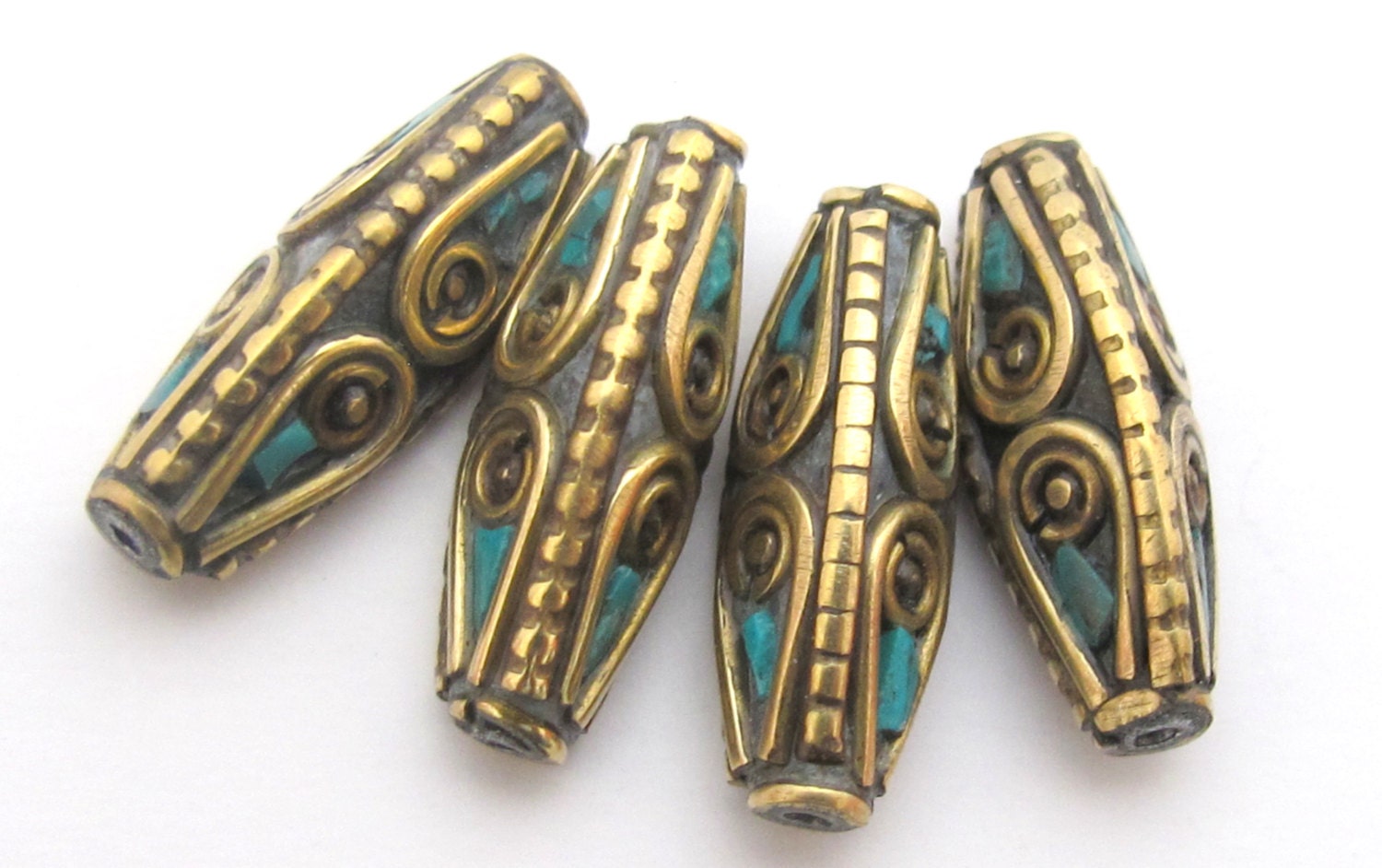 2 beads - Bicone shape Tibetan brass Beads with turquoise inlay - BD483