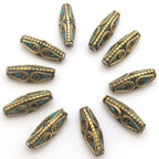 2 beads - Bicone shape Tibetan brass Beads with turquoise inlay - BD483
