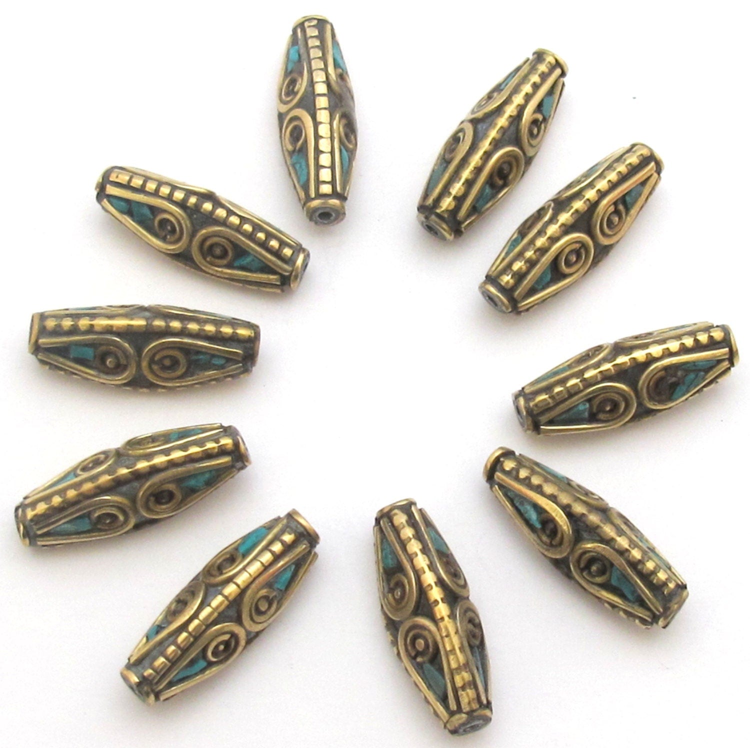 2 beads - Bicone shape Tibetan brass Beads with turquoise inlay - BD483