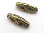 2 beads - Bicone shape Tibetan brass Beads with turquoise inlay - BD483