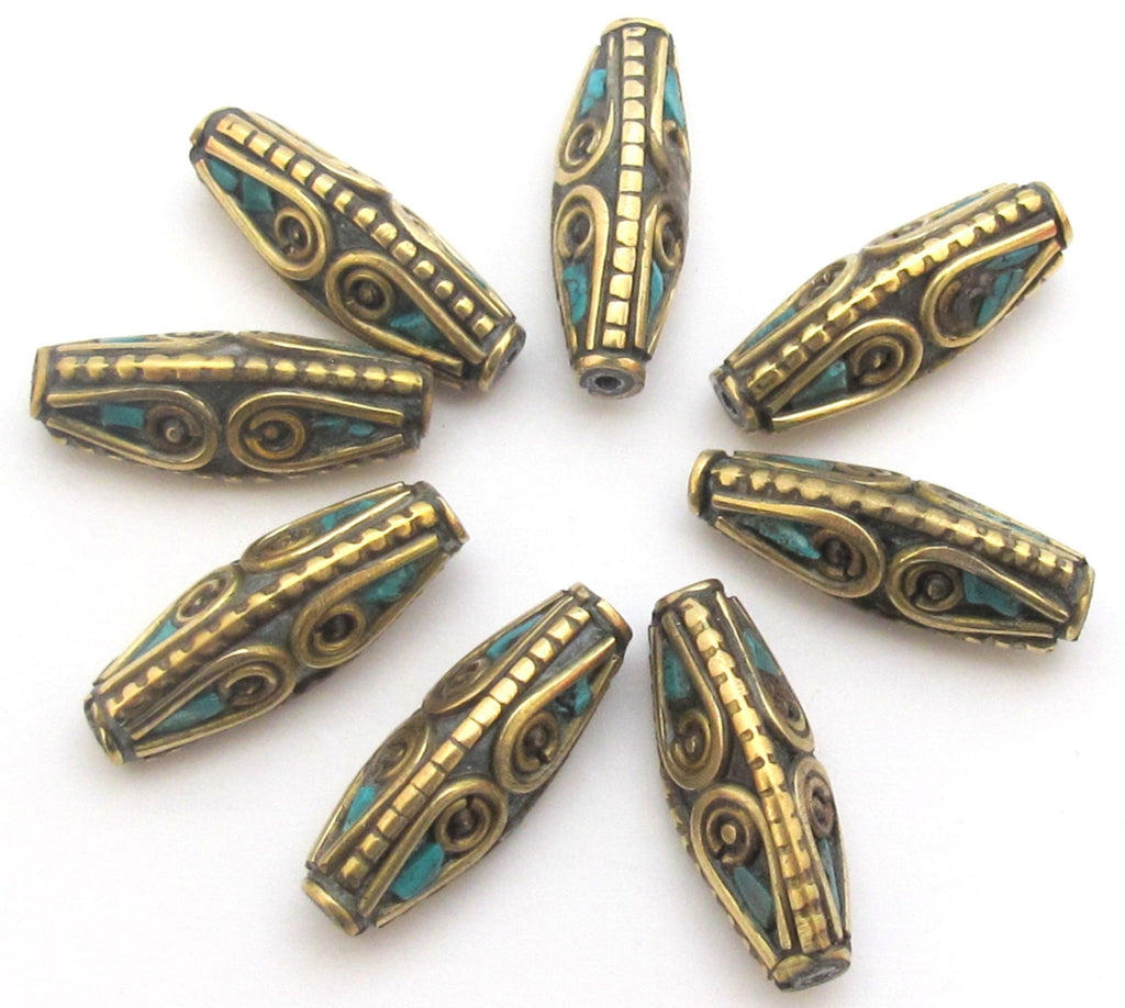 2 beads - Bicone shape Tibetan brass Beads with turquoise inlay - BD483