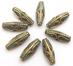 2 beads - Bicone shape Tibetan brass Beads with turquoise inlay - BD483