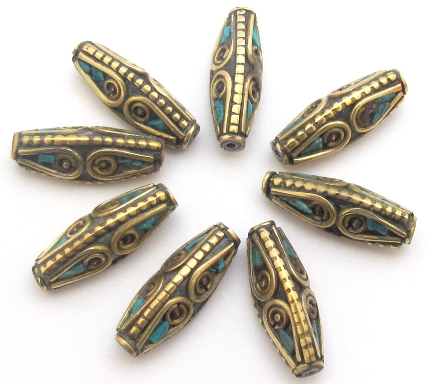 2 beads - Bicone shape Tibetan brass Beads with turquoise inlay - BD483