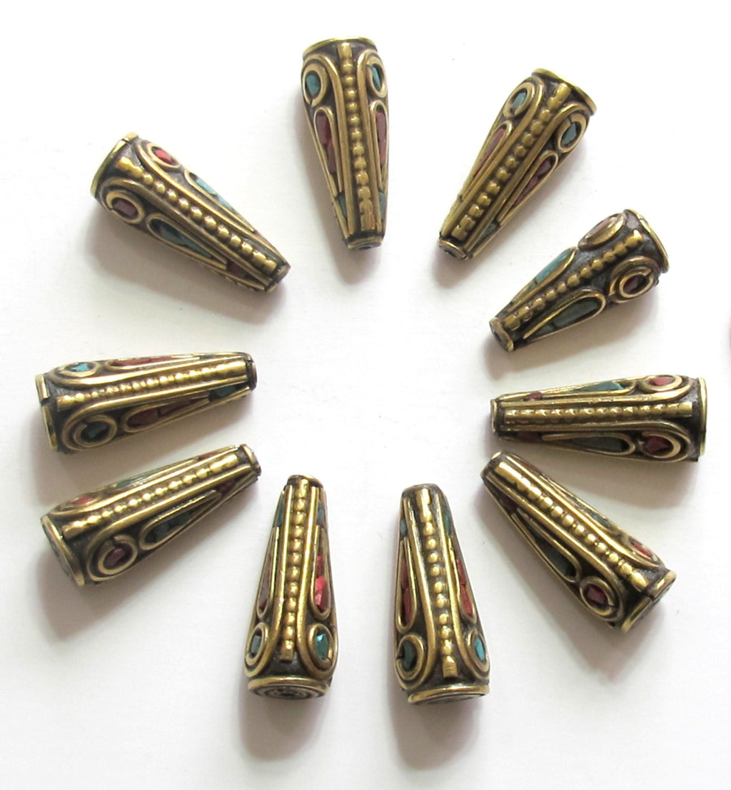 4 beads - Beautiful Tibetan conical shape brass beads with turquoise inlay BD481