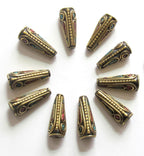 4 beads - Beautiful Tibetan conical shape brass beads with turquoise inlay BD481