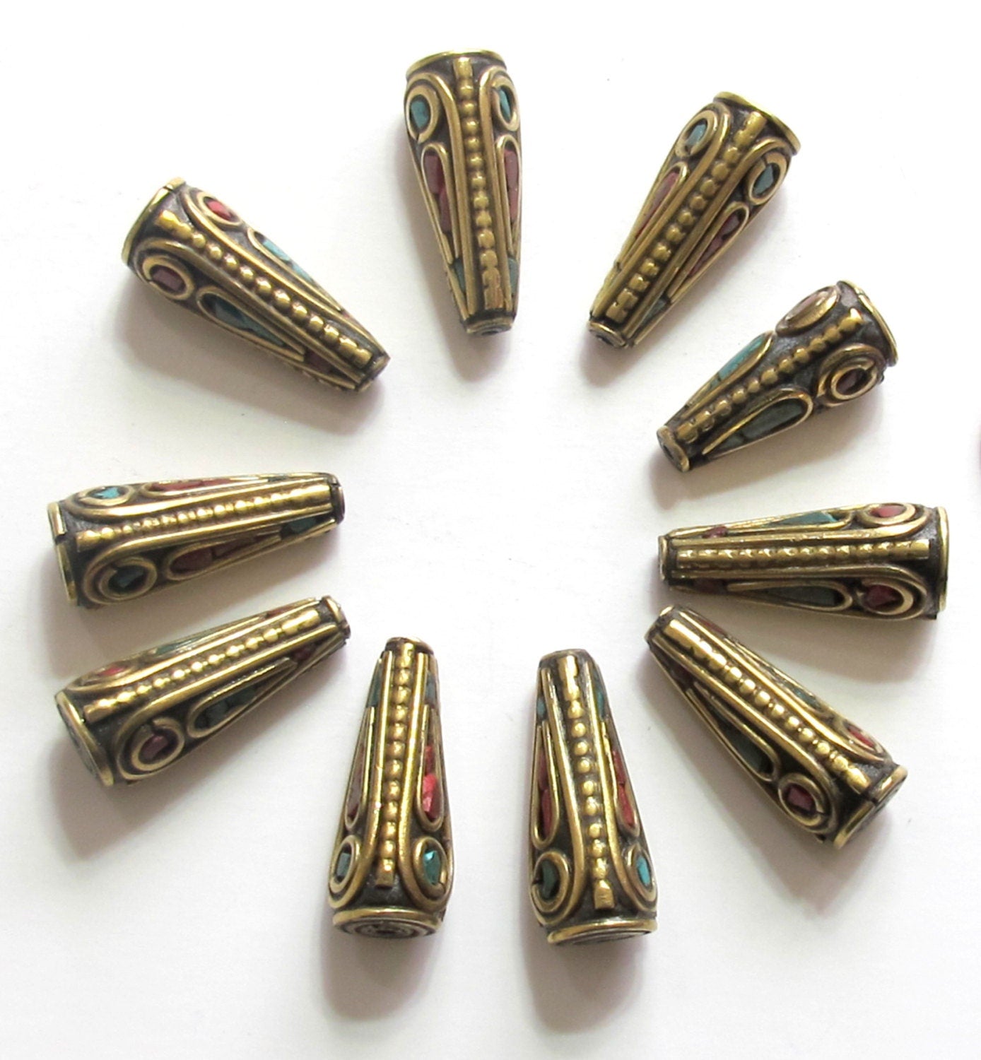 4 beads - Beautiful Tibetan conical shape brass beads with turquoise inlay BD481