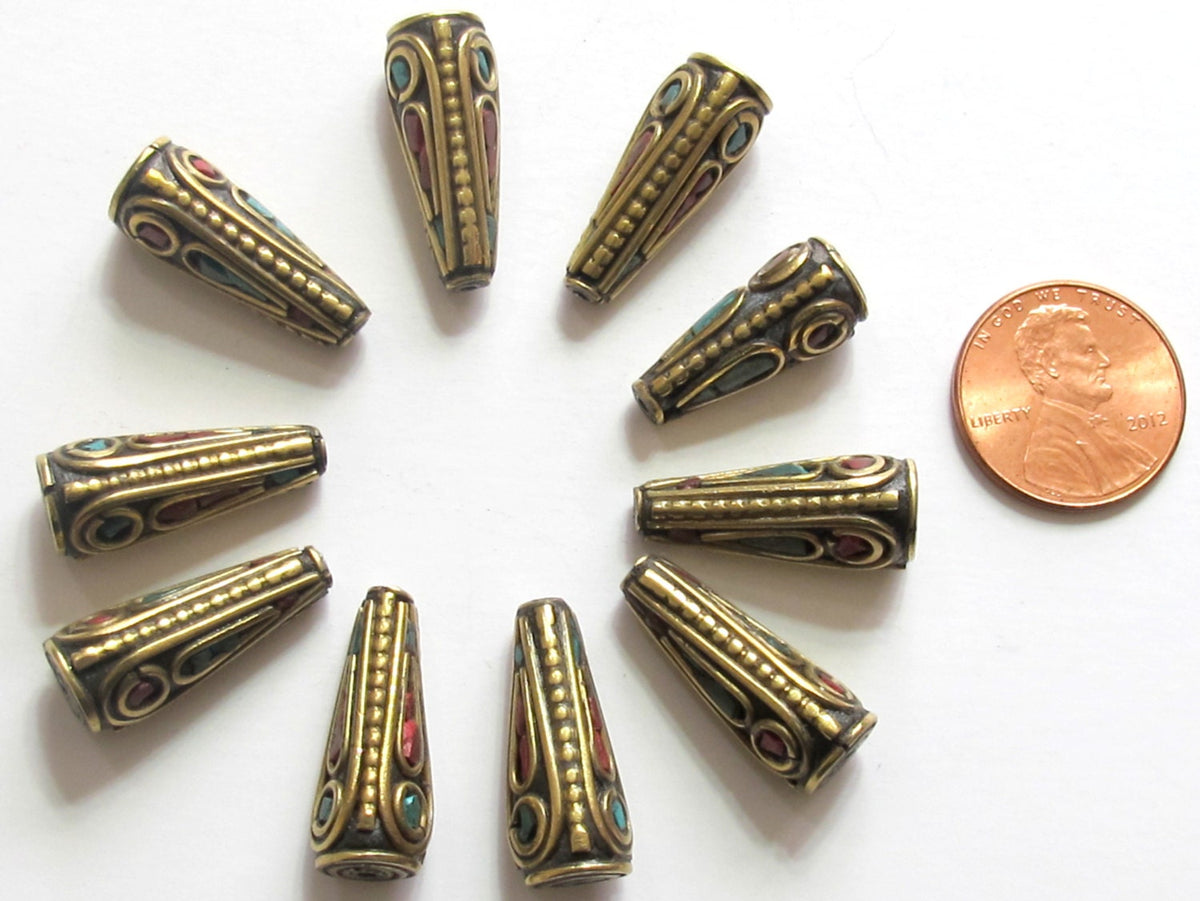 4 beads - Beautiful Tibetan conical shape brass beads with turquoise inlay BD481