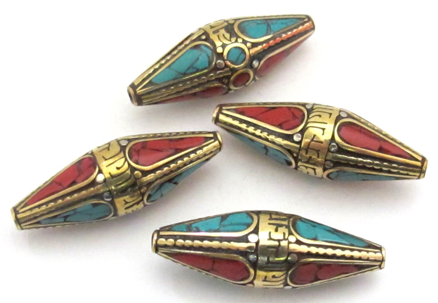Large bicone shape Tibetan Om mantra brass bead with turquoise inlay - 1 bead - BD482