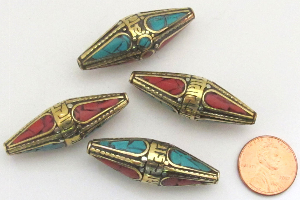 Large bicone shape Tibetan Om mantra brass bead with turquoise inlay - 1 bead - BD482