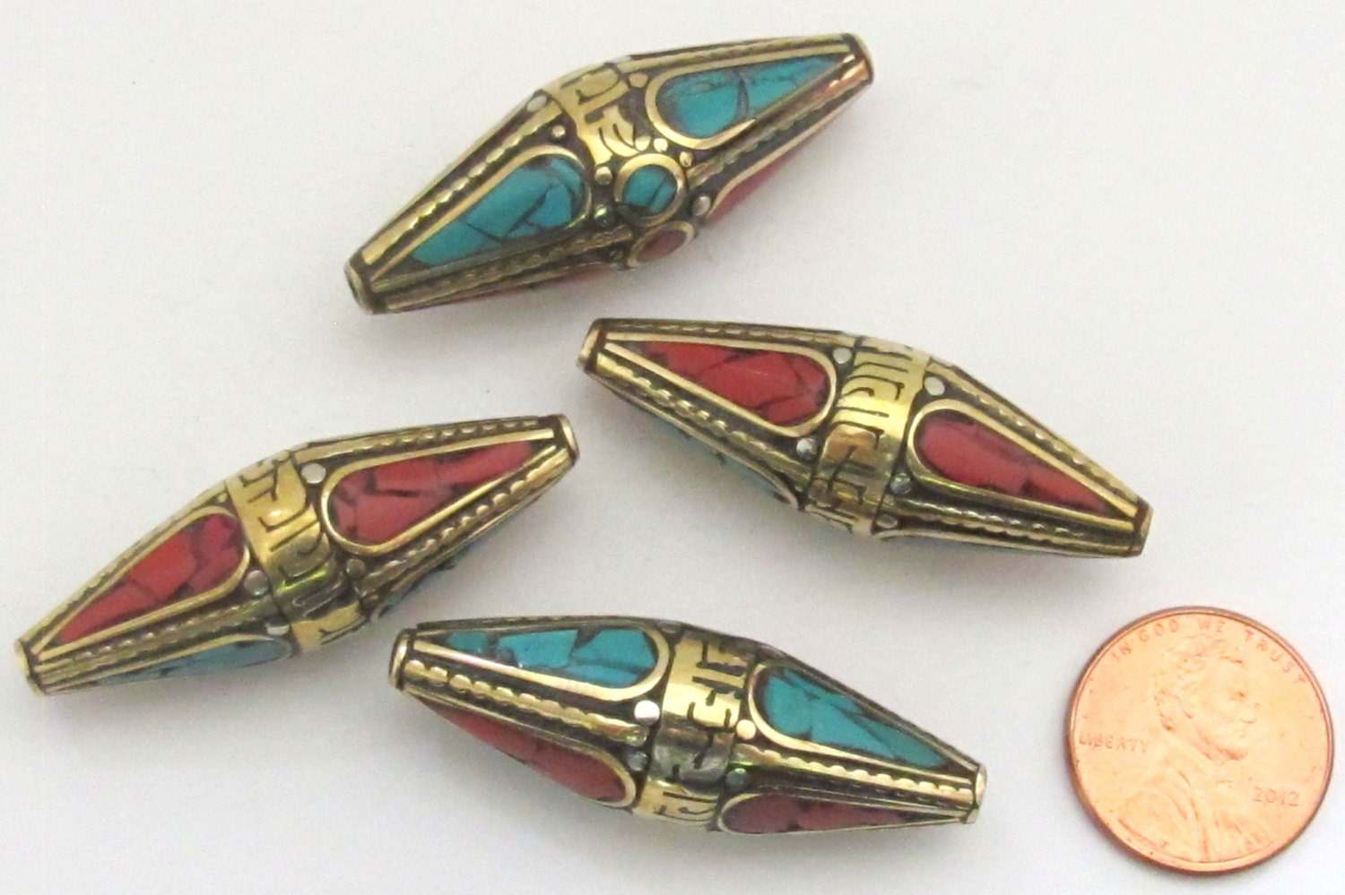 Large bicone shape Tibetan Om mantra brass bead with turquoise inlay - 1 bead - BD482