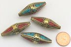 Large bicone shape Tibetan Om mantra brass bead with turquoise inlay - 1 bead - BD482