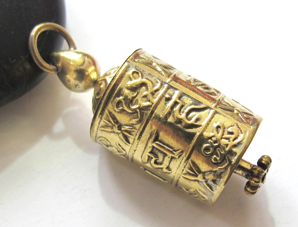 Tibetan Om Mantra light-weight with auspicious symbols spinnable prayer wheel brass pendant with scroll - SP021