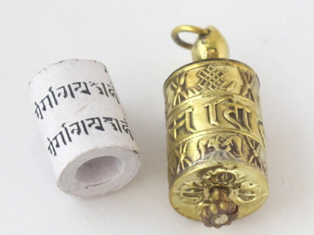 Tibetan Om Mantra light-weight with auspicious symbols spinnable prayer wheel brass pendant with scroll - SP021