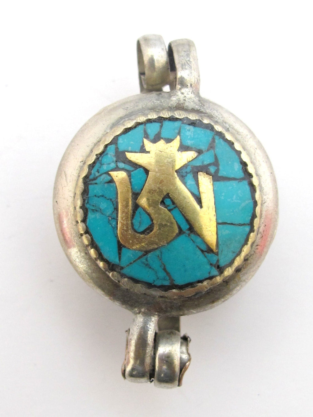 Tibetan silver Turquoise mosaic inlay Ghau prayer box Om and kalachakra mantra reversible pendant - PM181A