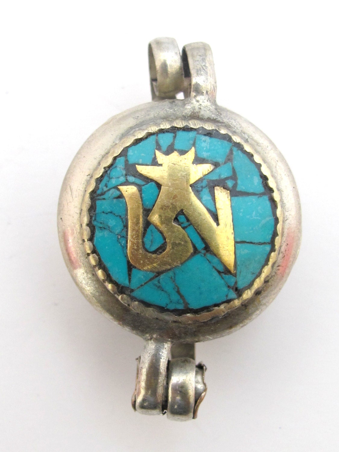 Tibetan silver Turquoise mosaic inlay Ghau prayer box Om and kalachakra mantra reversible pendant - PM181A
