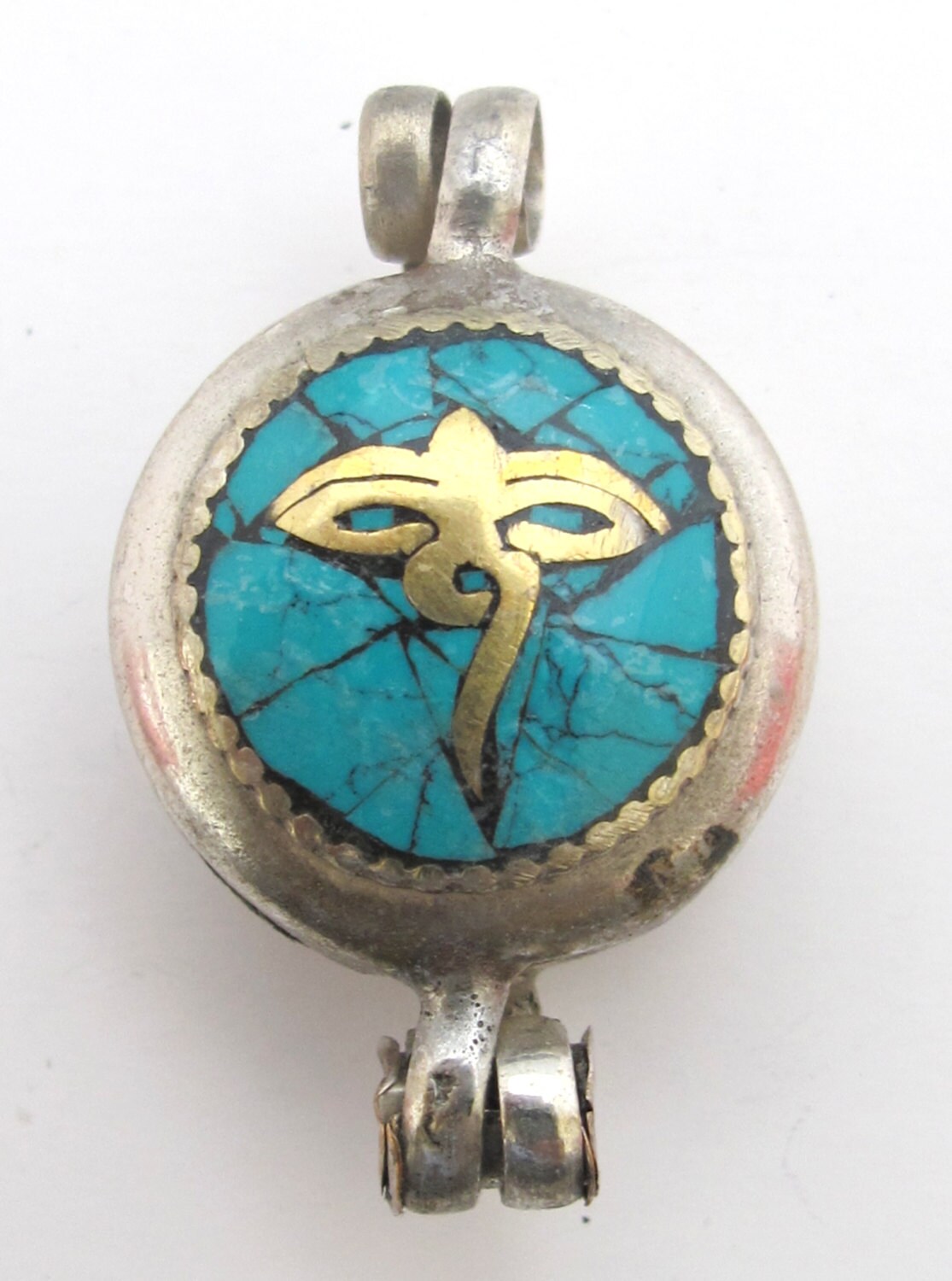 Tibetan silver Turquoise mosaic inlay Ghau prayer box Om and buddha eye reversible pendant - PM181D