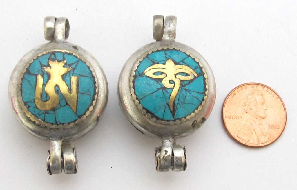 Tibetan silver Turquoise mosaic inlay Ghau prayer box Om and buddha eye reversible pendant - PM181D