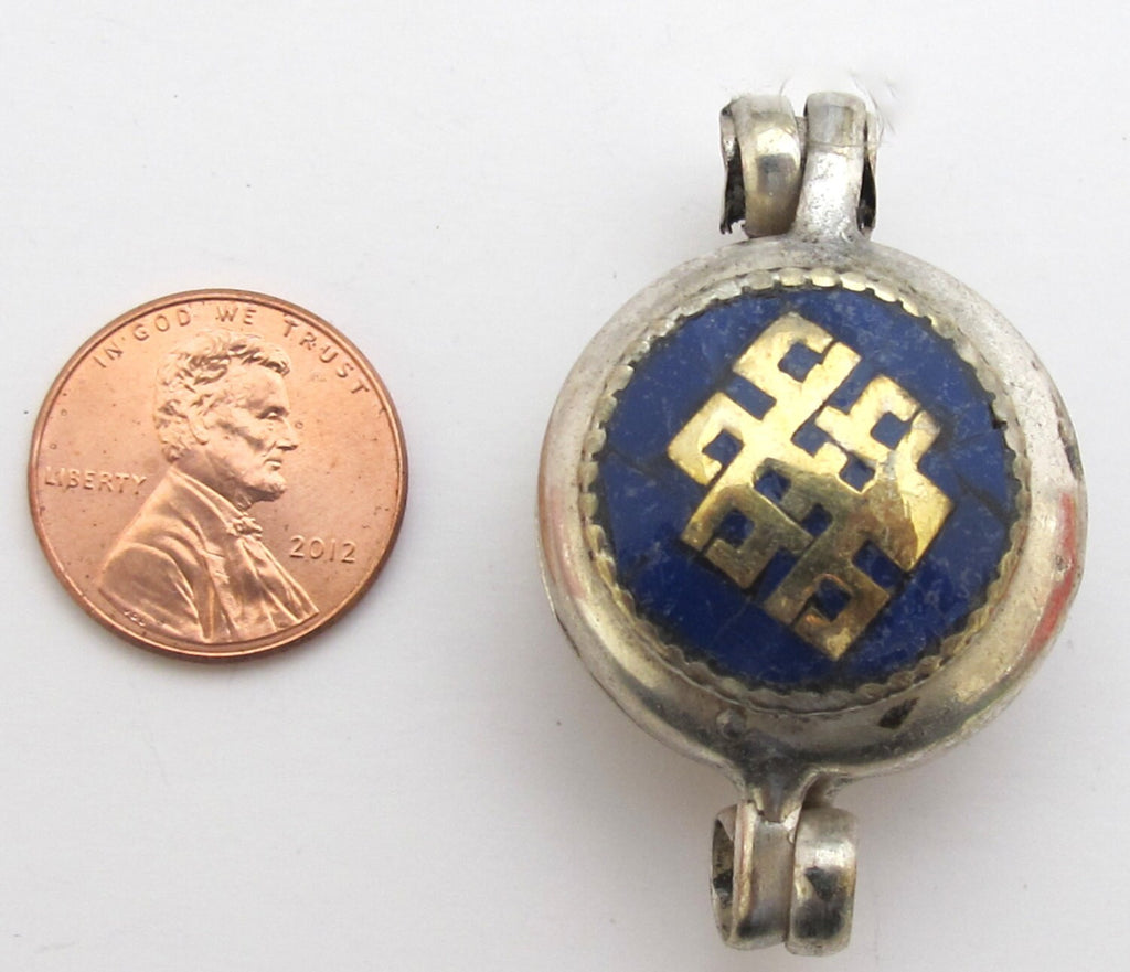 Tibetan silver Lapis inlaid Ghau prayer box Om and endless knot reversible pendant - PM181E