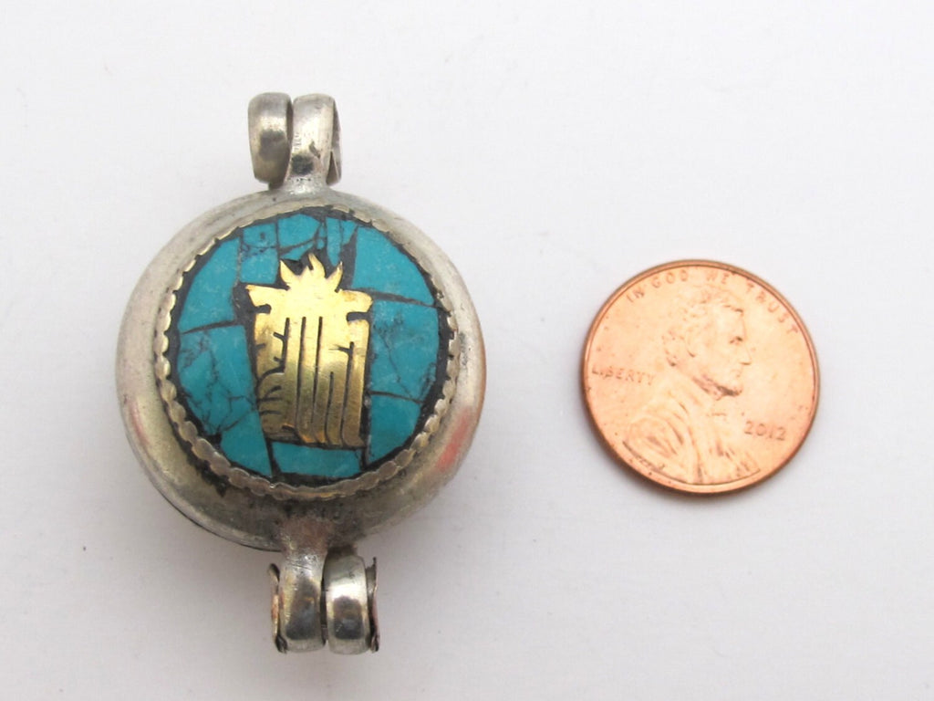 Tibetan silver Lapis and turquoise inlaid Ghau prayer box Om and endless knot reversible pendant - PM181G
