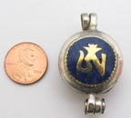 Tibetan silver Lapis and turquoise inlaid Ghau prayer box Om and endless knot reversible pendant - PM181G