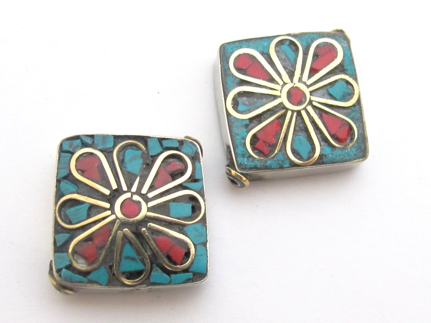 2 BEADS - Floral design Tibetan turquoise coral inlaid brass beads from Nepal - BD483A