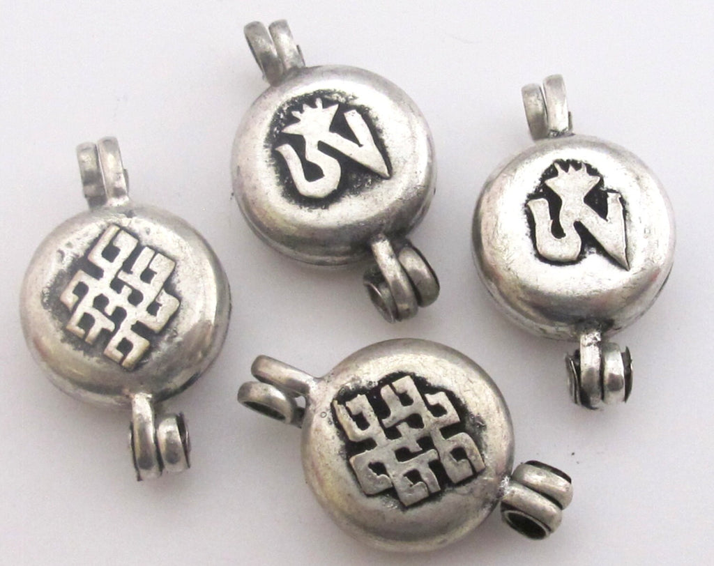 Small size Tibetan silver Ghau prayer box reversible Om with endless knot symbol pendant -PM180
