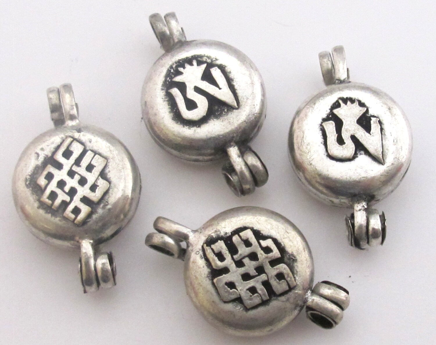 Small size Tibetan silver Ghau prayer box reversible Om with endless knot symbol pendant -PM180