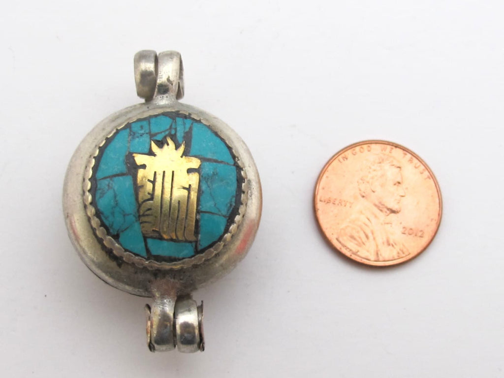 Tibetan silver Turquoise mosaic inlay Ghau prayer box Om and kalachakra mantra reversible pendant - PM181A