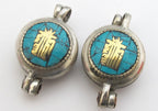 Tibetan silver Lapis and turquoise inlaid Ghau prayer box Om and endless knot reversible pendant - PM181G
