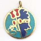 Hindu Lord Shiva symbol trident om brass pendant with lapis , turquoise and coral inlay - PM185B