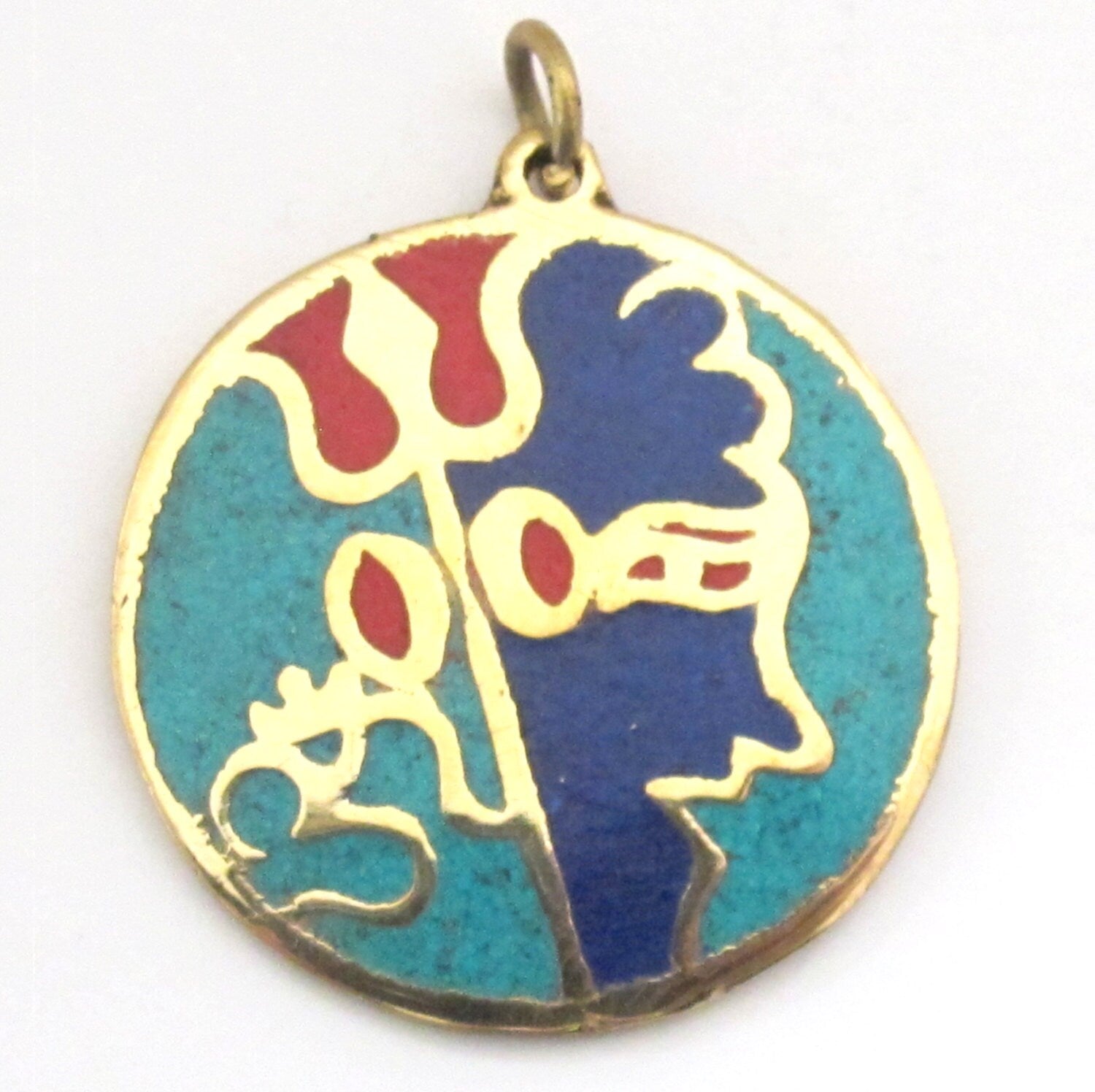 Hindu Lord Shiva symbol trident om brass pendant with lapis , turquoise and coral inlay - PM185B