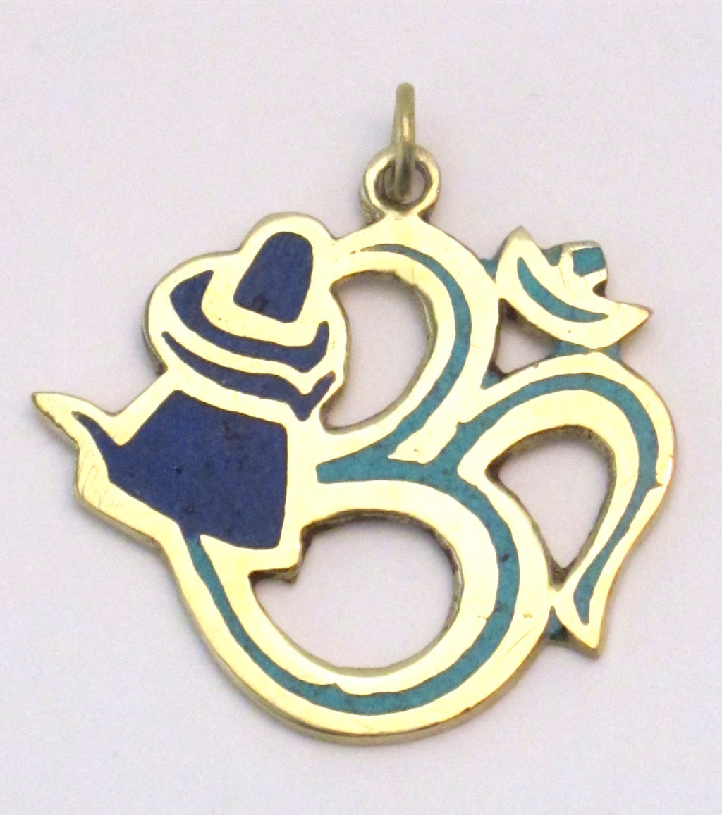 Hindu Lord Shiva lingam with coiled snake Om brass pendant with lapis and turquoise inlay- PM185C