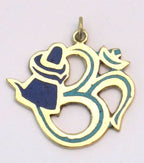 Hindu Lord Shiva lingam with coiled snake Om brass pendant with lapis and turquoise inlay- PM185C