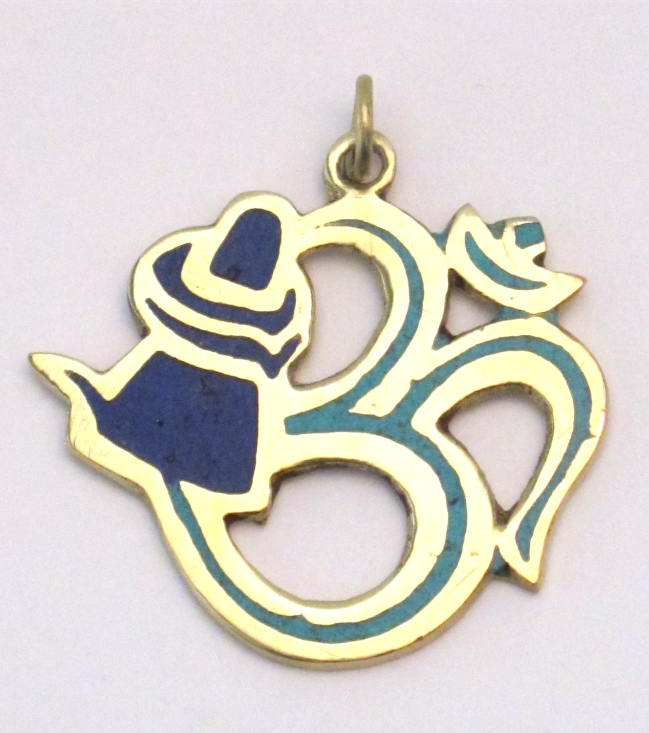 Hindu Lord Shiva lingam with coiled snake Om brass pendant with lapis and turquoise inlay- PM185C